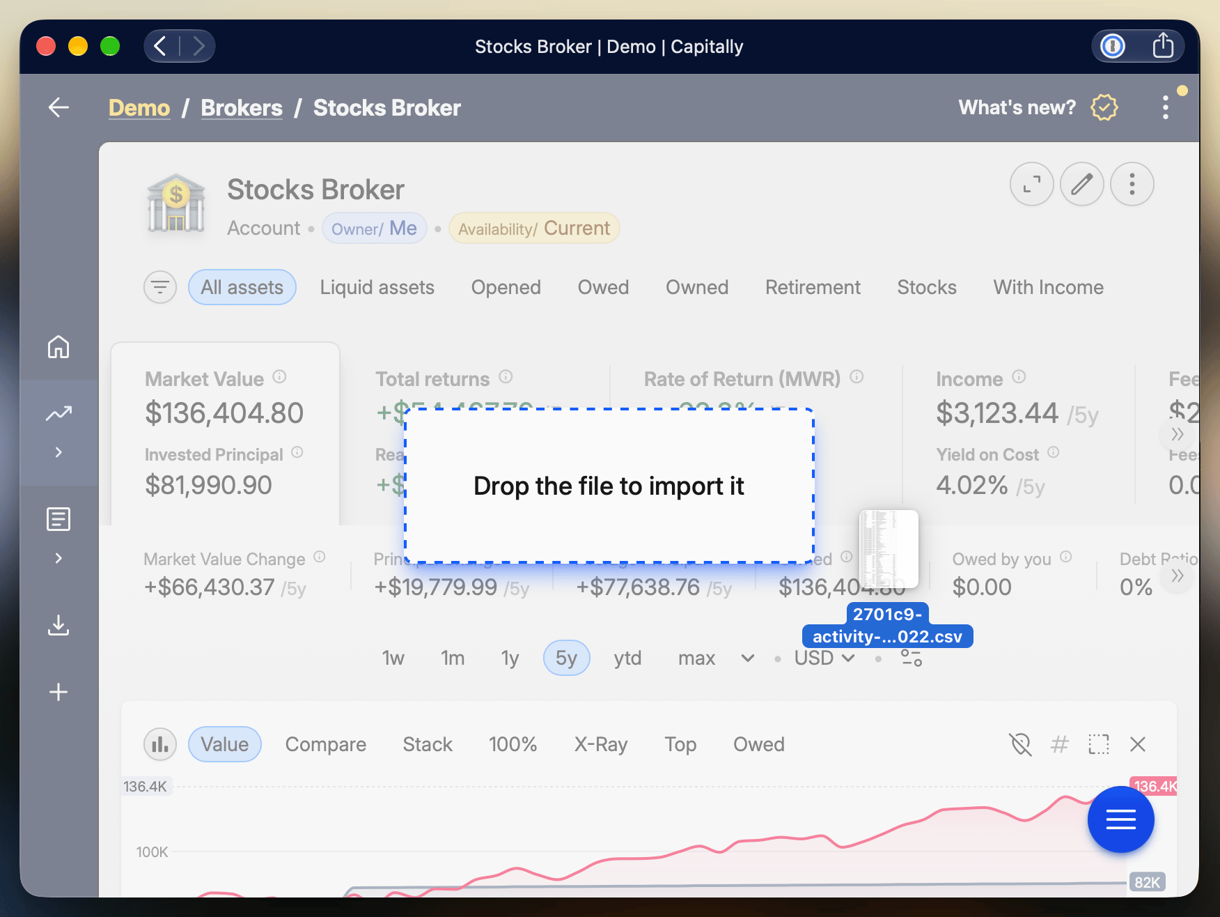 Vista del conto Capitally con il menu Aggiungi asset aperto, che mostra l'opzione Importa qui